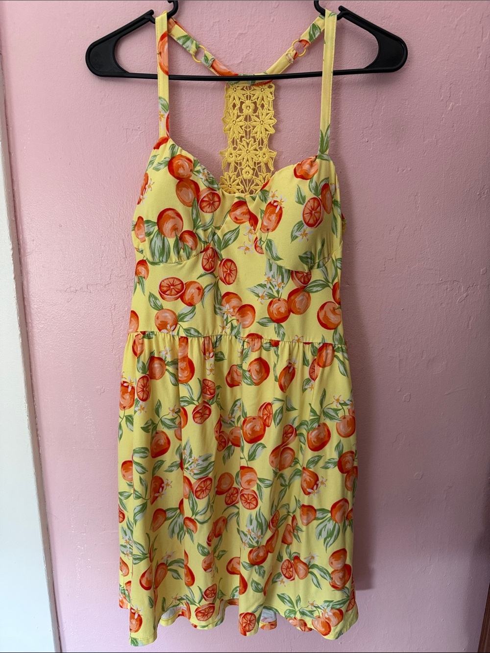Yellow Sundress with Orange Fruit Print and Lace Back
